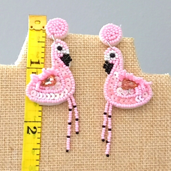 New Beaded Post Pink Flamingo Earrings - Picture 3 of 3